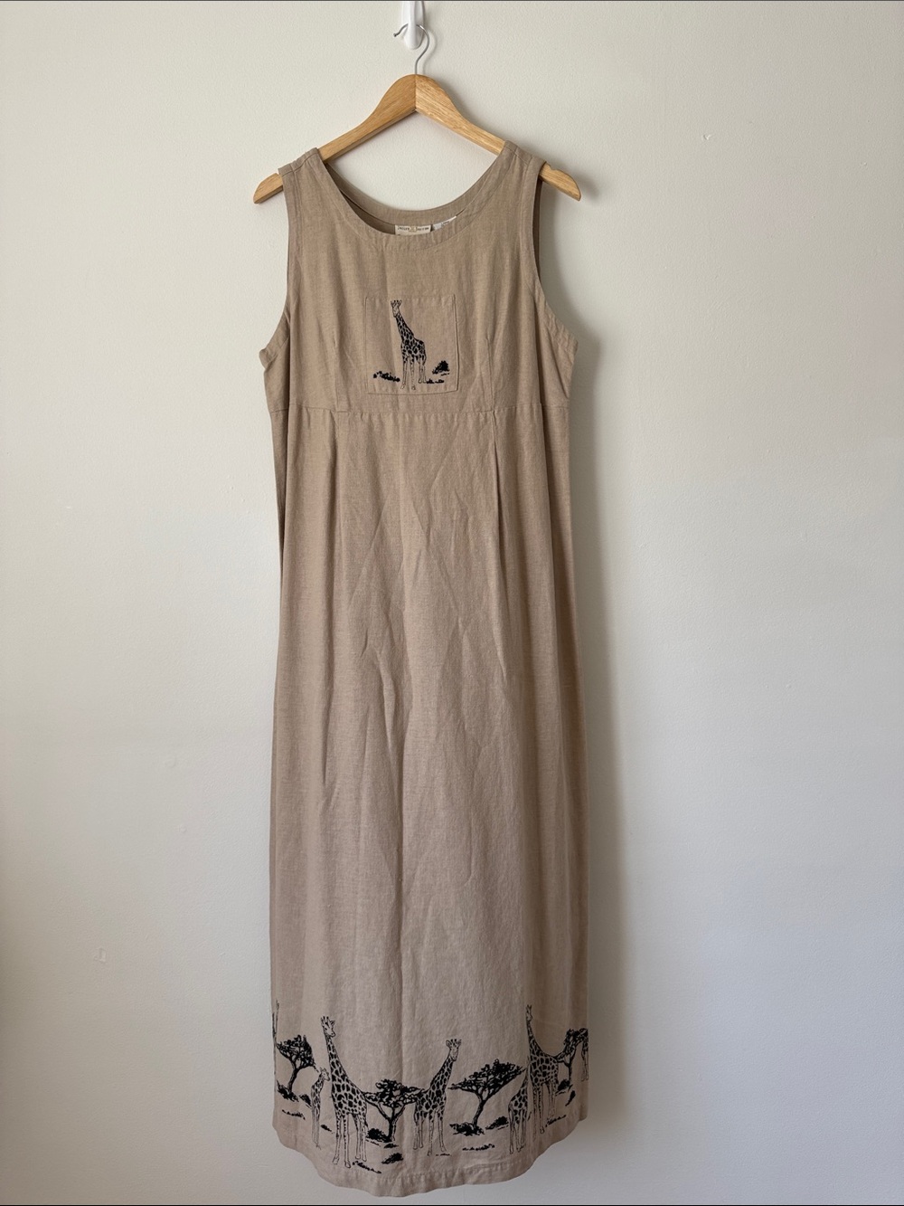 Vintage Jaclyn Smith Tan Maxi Dress Linen Black Giraffe Print Safari Size Large